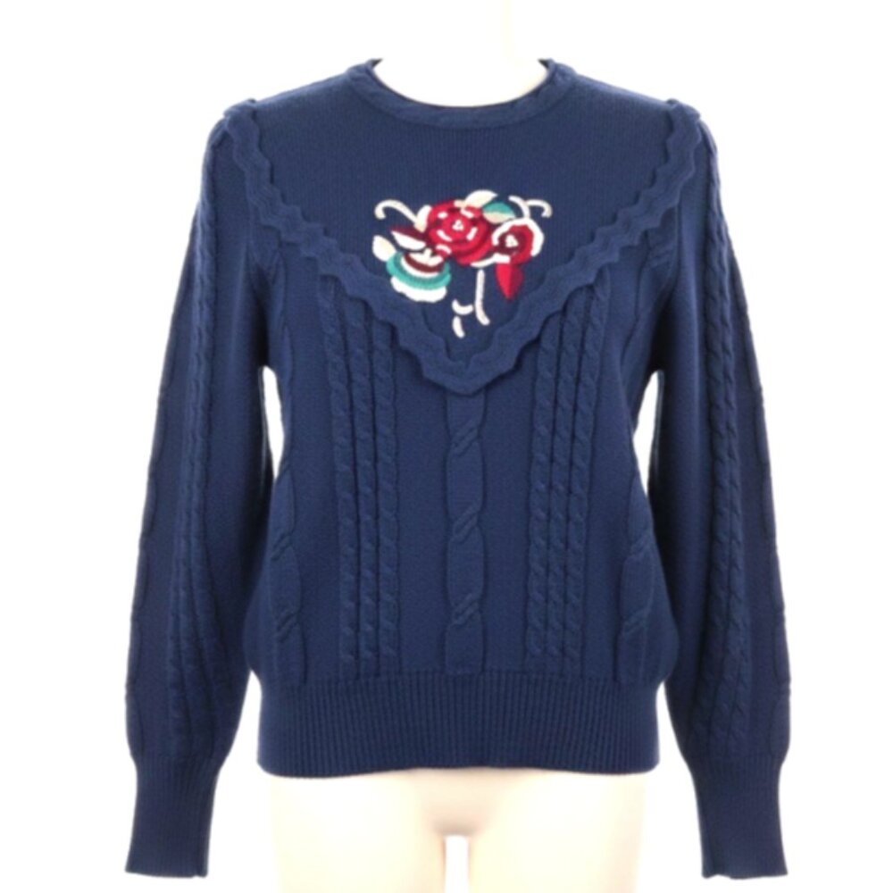 Worthington Sweater M Vintage Cable Knit Pullover Floral Embroidered Cottagecore